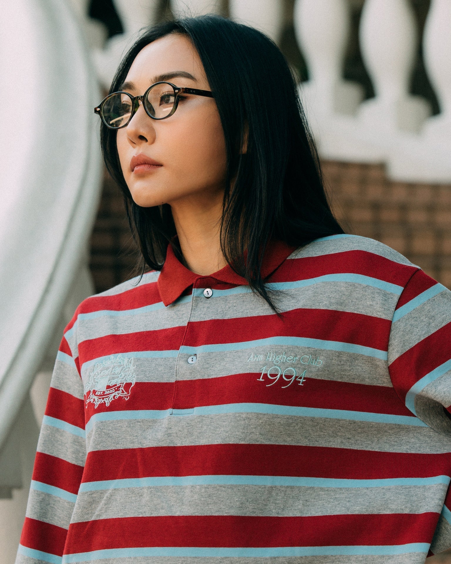 Aim Higher Club Faculty of Sports Emblem Cropped Stripe Poloshirt/ Grey - burgundy - GROGROCERY