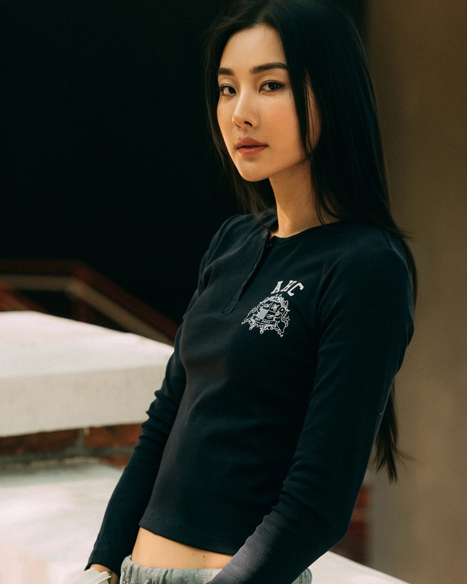 Aim Higher Club Faculty of Sports Henley Neck Long Sleeve Women Top/ Navy - GROGROCERY