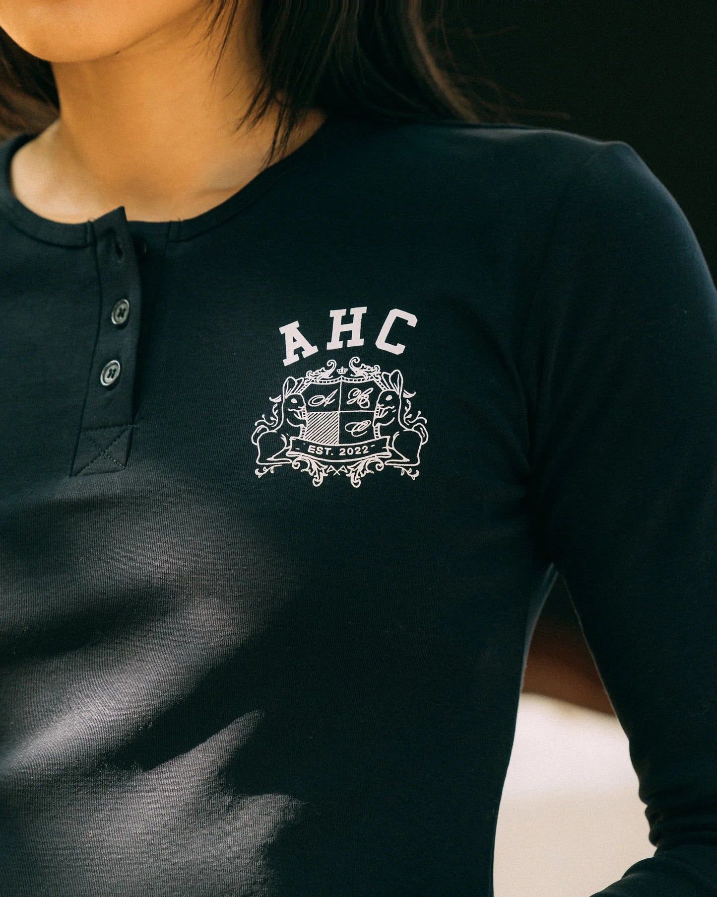 Aim Higher Club Faculty of Sports Henley Neck Long Sleeve Women Top/ Navy - GROGROCERY