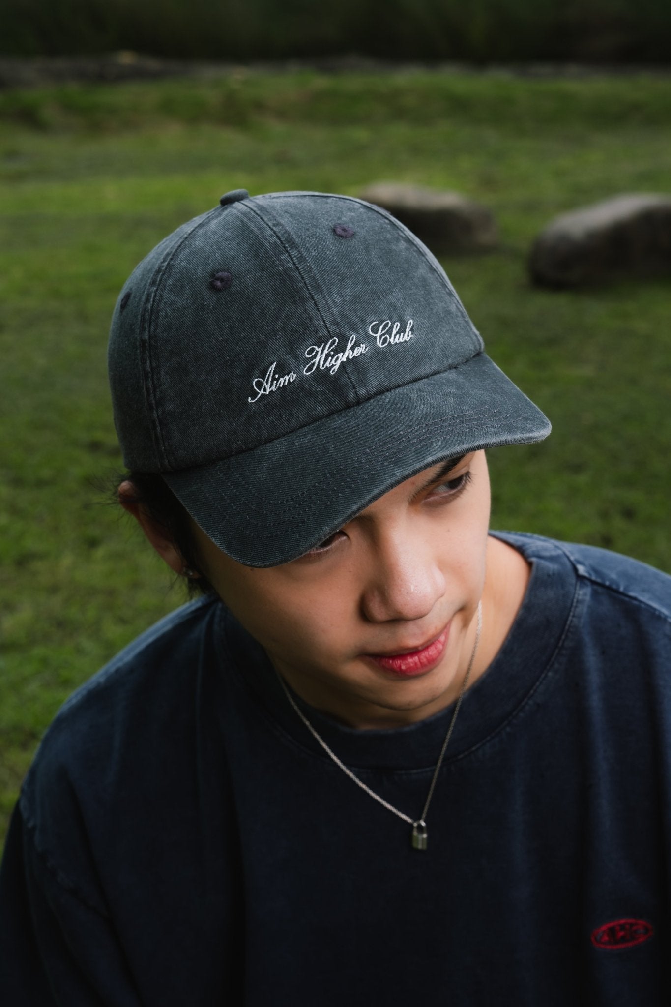 Aim Higher Club Light Washed Classic Script Cap/ Charcoal - GROGROCERY