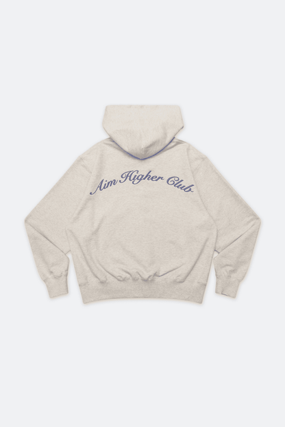 Aim Higher Club Raised Embroidery Zip Up Hoodie/ Oat - Ribbon Blue - GROGROCERY