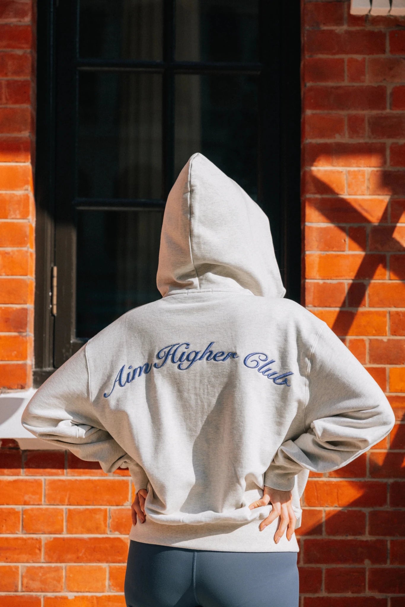 Aim Higher Club Raised Embroidery Zip Up Hoodie/ Oat - Ribbon Blue - GROGROCERY