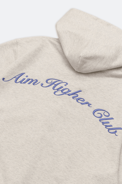 Aim Higher Club Raised Embroidery Zip Up Hoodie/ Oat - Ribbon Blue - GROGROCERY