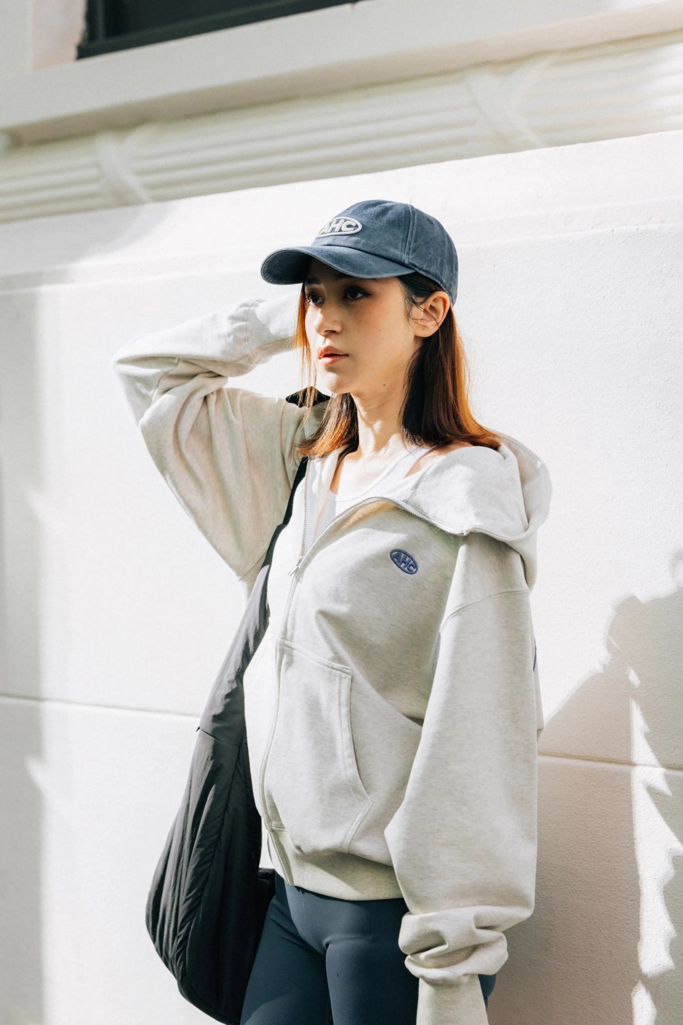 Aim Higher Club Raised Embroidery Zip Up Hoodie/ Oat - Ribbon Blue - GROGROCERY