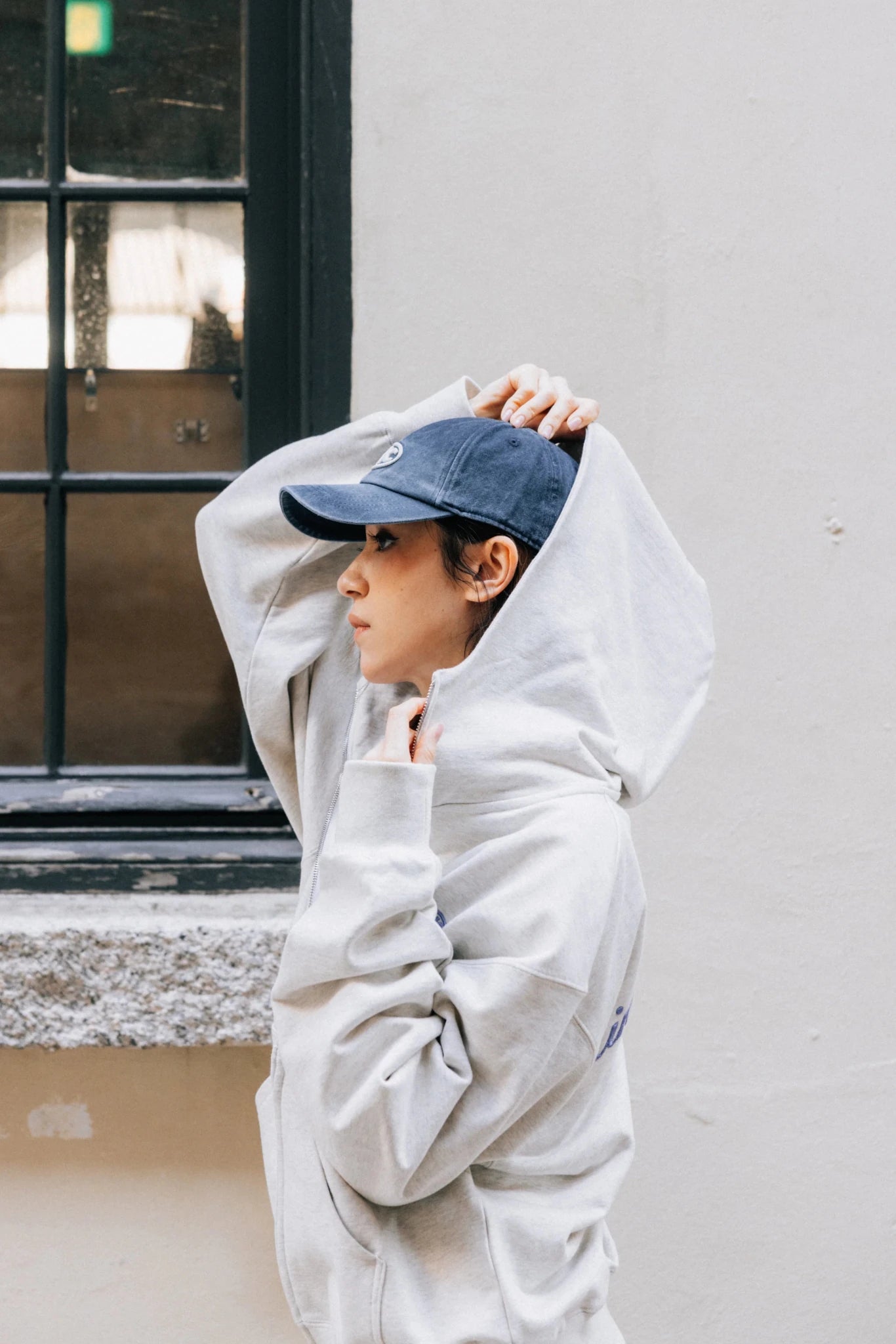 Aim Higher Club Raised Embroidery Zip Up Hoodie/ Oat - Ribbon Blue - GROGROCERY