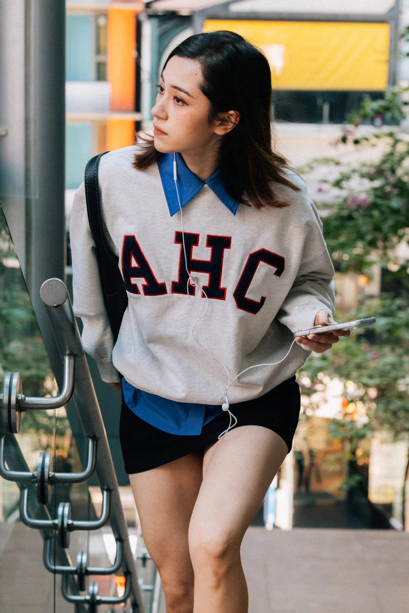 Aim Higher Club Terry Patch College Crewneck Sweatshirt/ Oat - Navy - Red - GROGROCERY