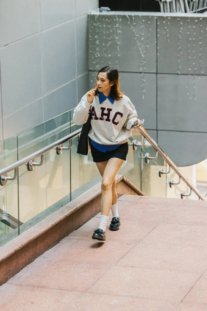 Aim Higher Club Terry Patch College Crewneck Sweatshirt/ Oat - Navy - Red - GROGROCERY