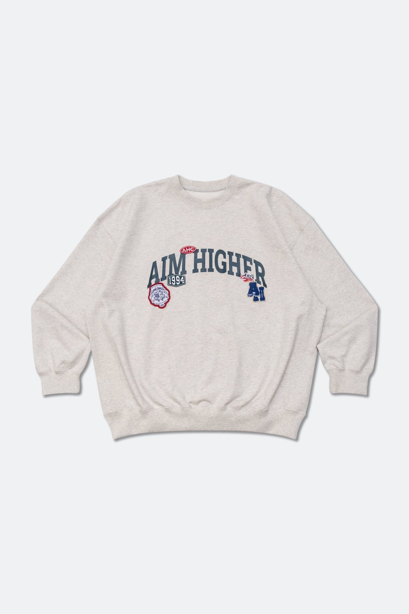 Aim Higher Club Unisex College Badge Crewneck Sweatshirt/ Oat - GROGROCERY