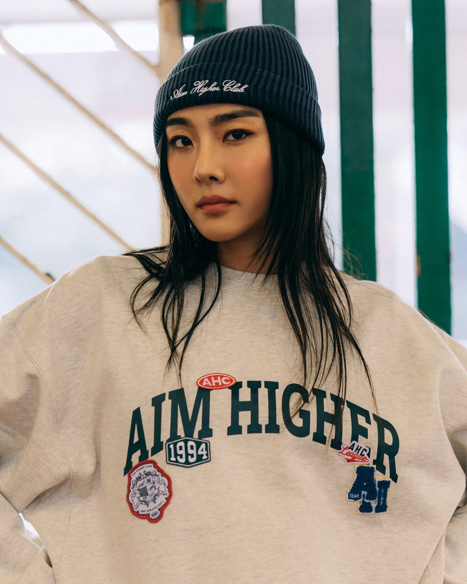 Aim Higher Club Unisex College Badge Crewneck Sweatshirt/ Oat - GROGROCERY
