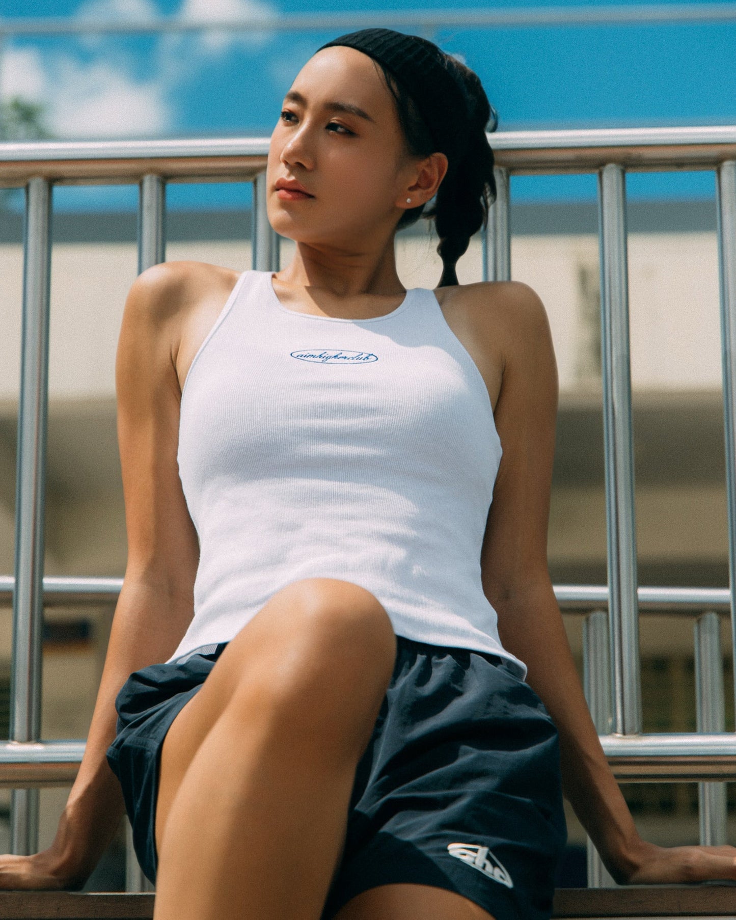 Aim Higher Club Women Oval Logo Tank Top/ White - Navy - GROGROCERY