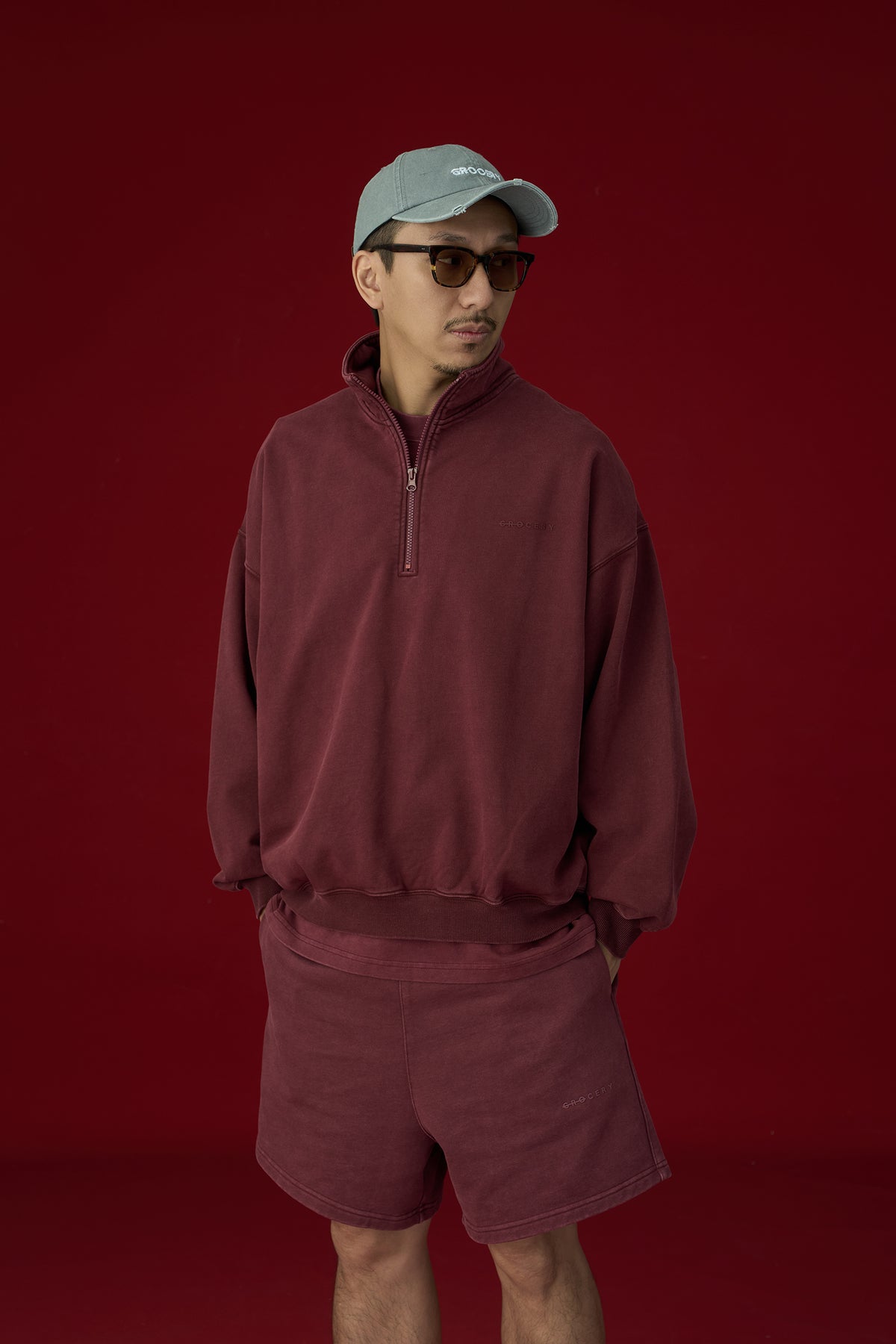 GROCERY BASIC WASHED HALF ZIP SWEATER/ BURGUNDY