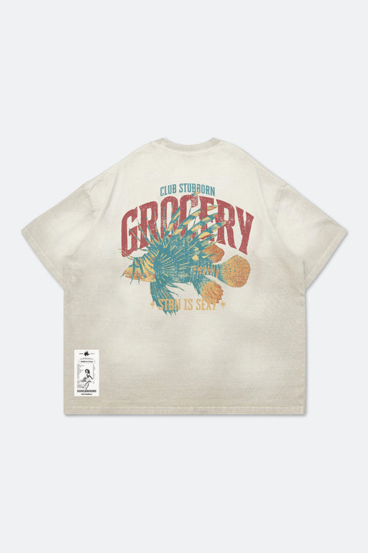 GROCERY x CLUB STUBBORN WASHED LION FISH GRAPHIC BOXY TEE/ CREAM