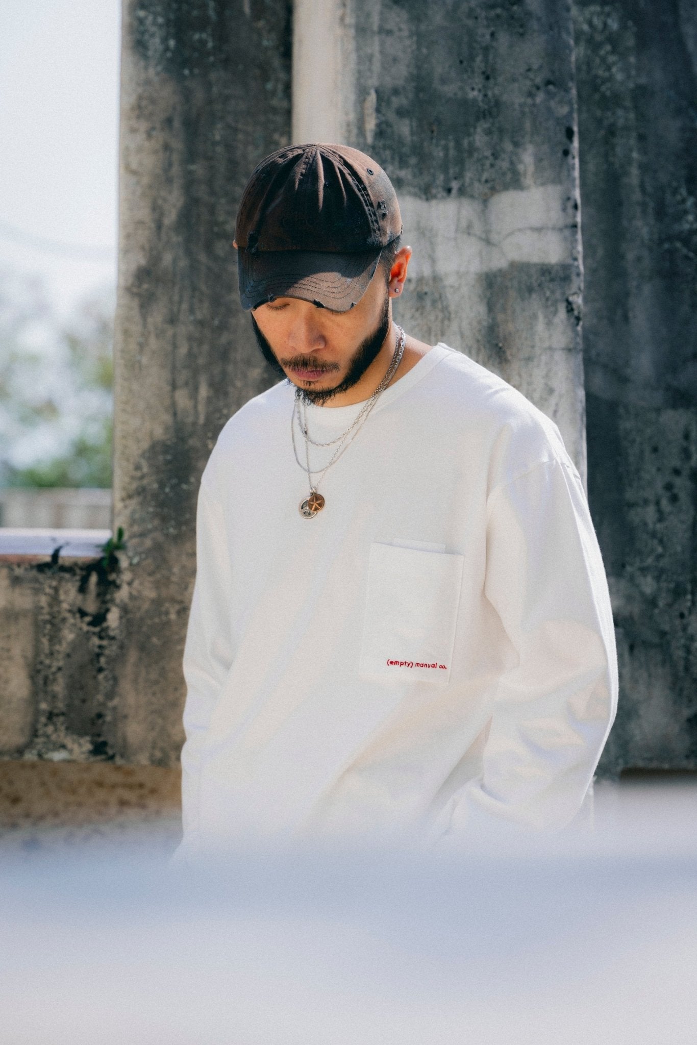 (empty) manual co. red embroidery L/S tee/ white - GROGROCERY