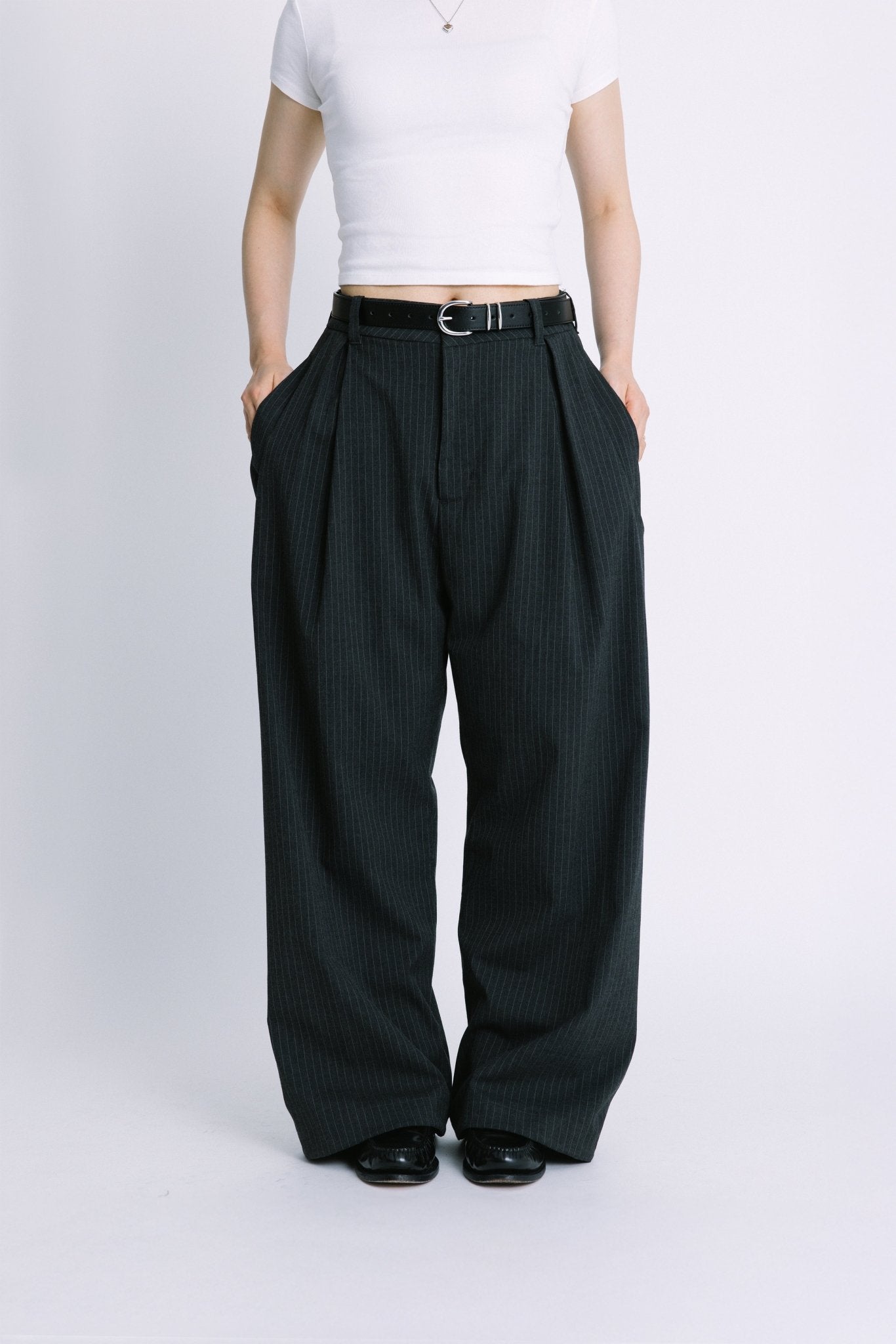 (empty) manual co. UU wide tailored pants/ charcoal stripe - GROGROCERY