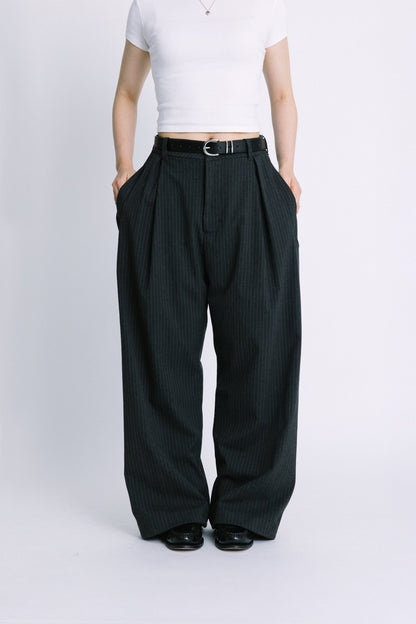 (empty) manual co. UU wide tailored pants/ charcoal stripe - GROGROCERY