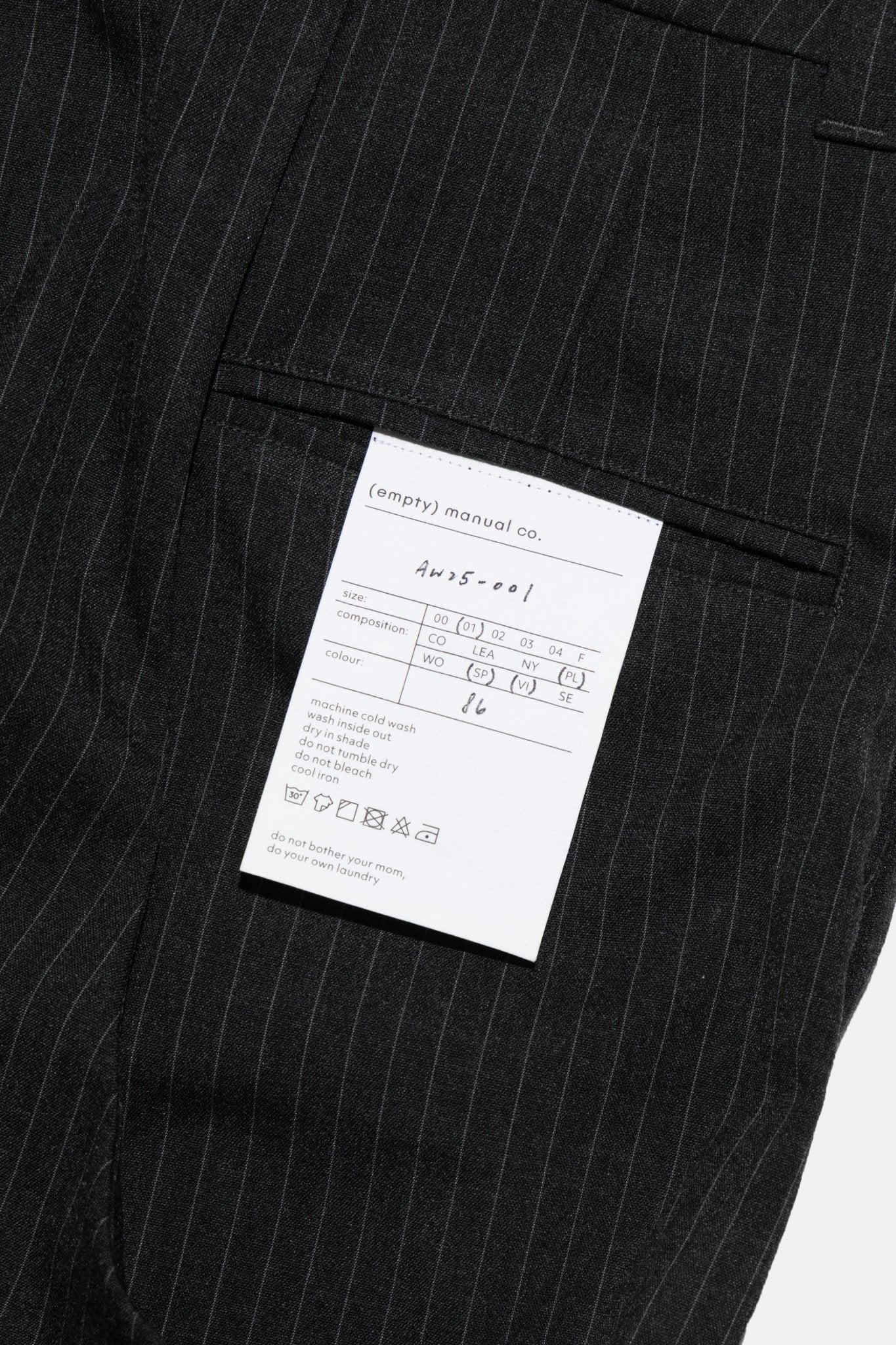 (empty) manual co. UU wide tailored pants/ charcoal stripe - GROGROCERY