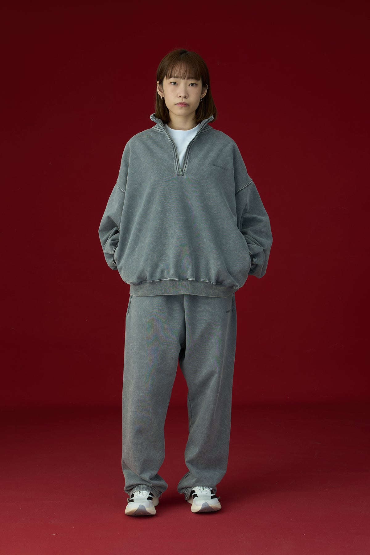 GROCERY BASIC WASHED HALF ZIP SWEATER/ GREY