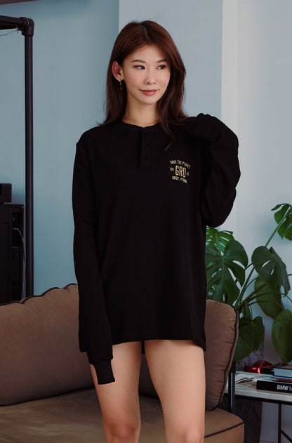 gro. by DM WAFFLE HENLEY NECK LONG TOP/ BLACK - GROGROCERY