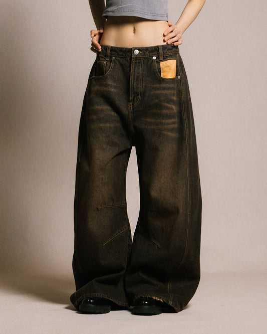 GROCERY ACID WASHED BARREL JEANS/ BROWN - GROGROCERY