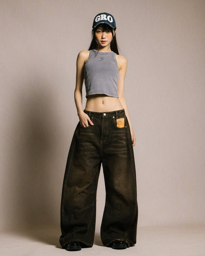 GROCERY ACID WASHED BARREL JEANS/ BROWN - GROGROCERY