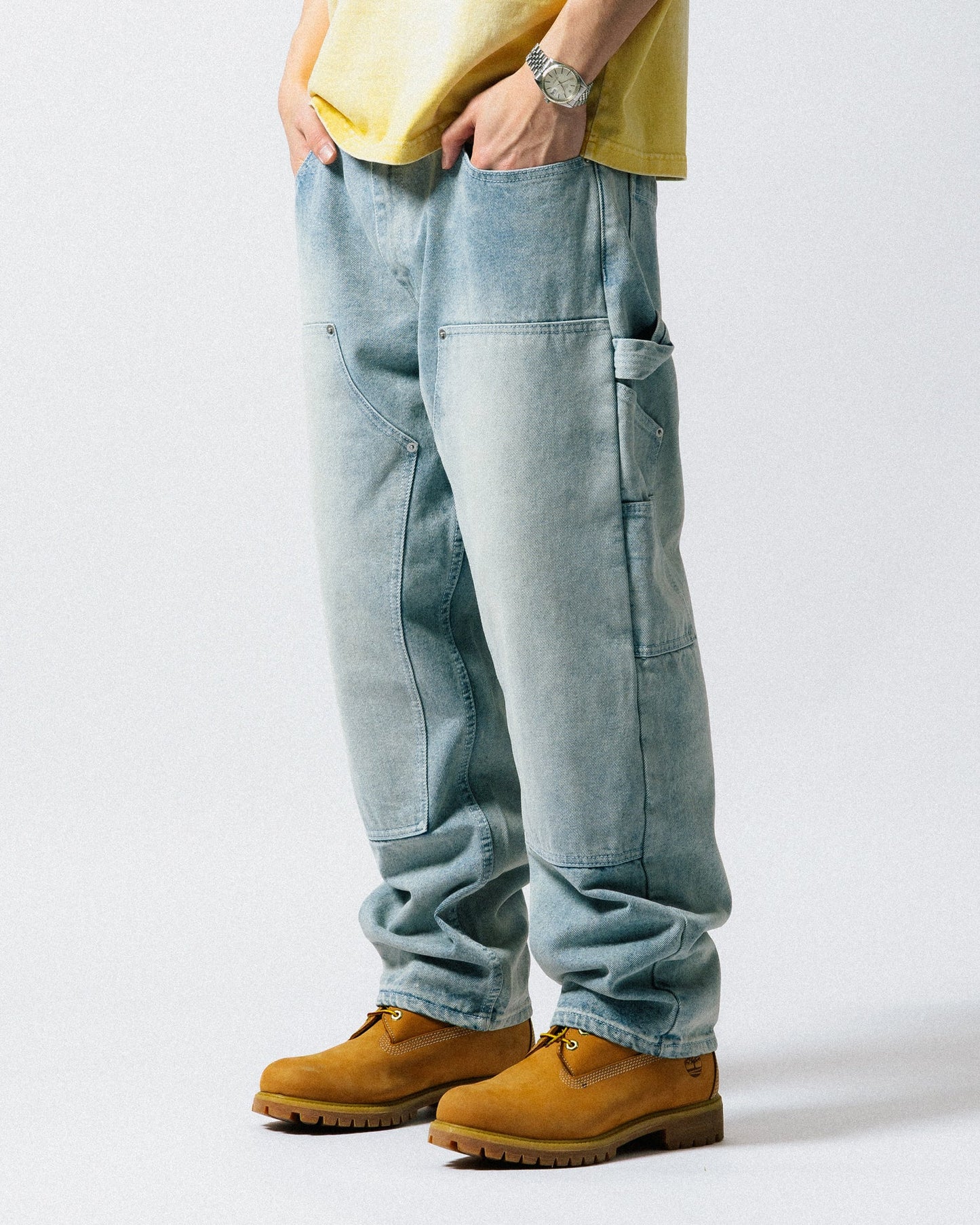 GROCERY BAGGY DOUBLE KNEE WASHED DENIM JEANS/ LIGHT BLUE - GROGROCERY