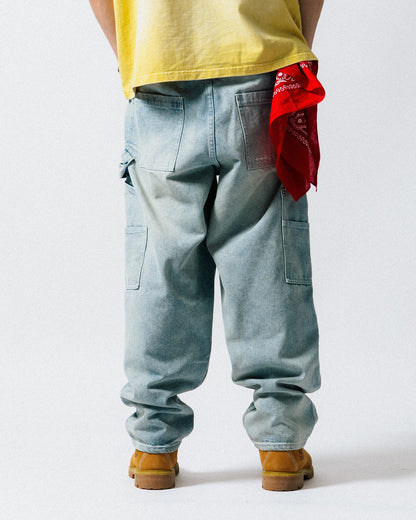 GROCERY BAGGY DOUBLE KNEE WASHED DENIM JEANS/ LIGHT BLUE - GROGROCERY