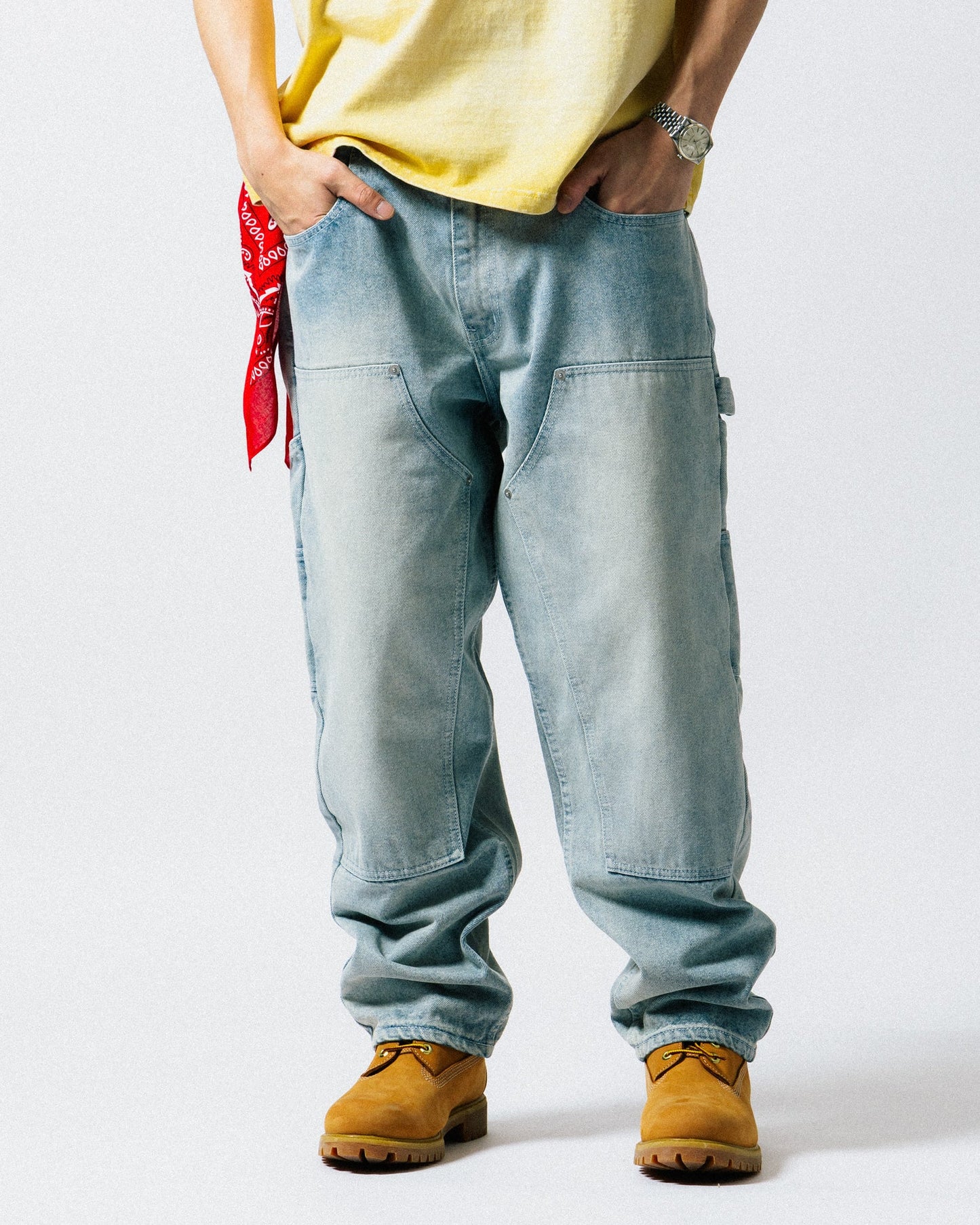 GROCERY BAGGY DOUBLE KNEE WASHED DENIM JEANS/ LIGHT BLUE - GROGROCERY