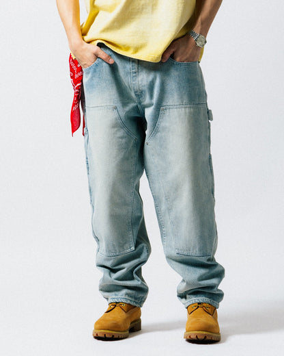 GROCERY BAGGY DOUBLE KNEE WASHED DENIM JEANS/ LIGHT BLUE - GROGROCERY
