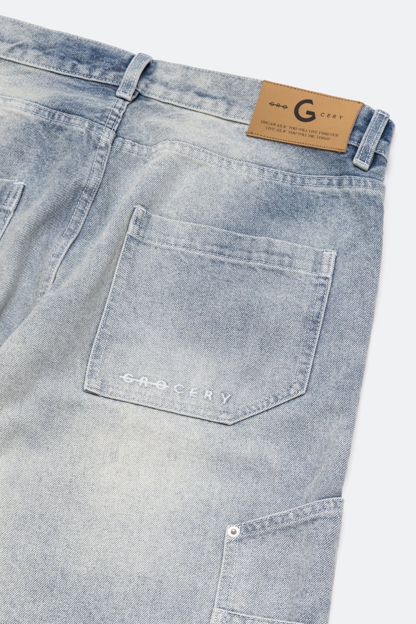 GROCERY BAGGY DOUBLE KNEE WASHED DENIM JEANS/ LIGHT BLUE - GROGROCERY