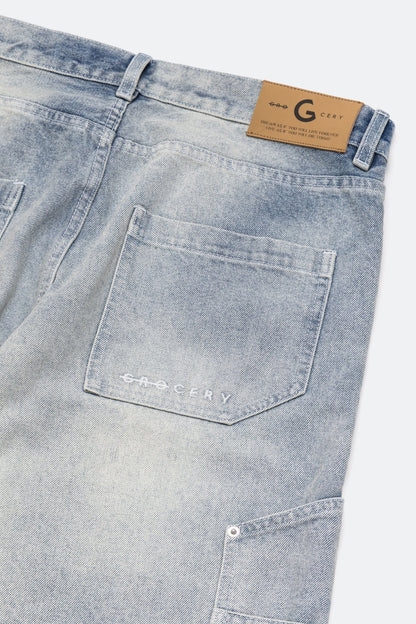 GROCERY BAGGY DOUBLE KNEE WASHED DENIM JEANS/ LIGHT BLUE - GROGROCERY