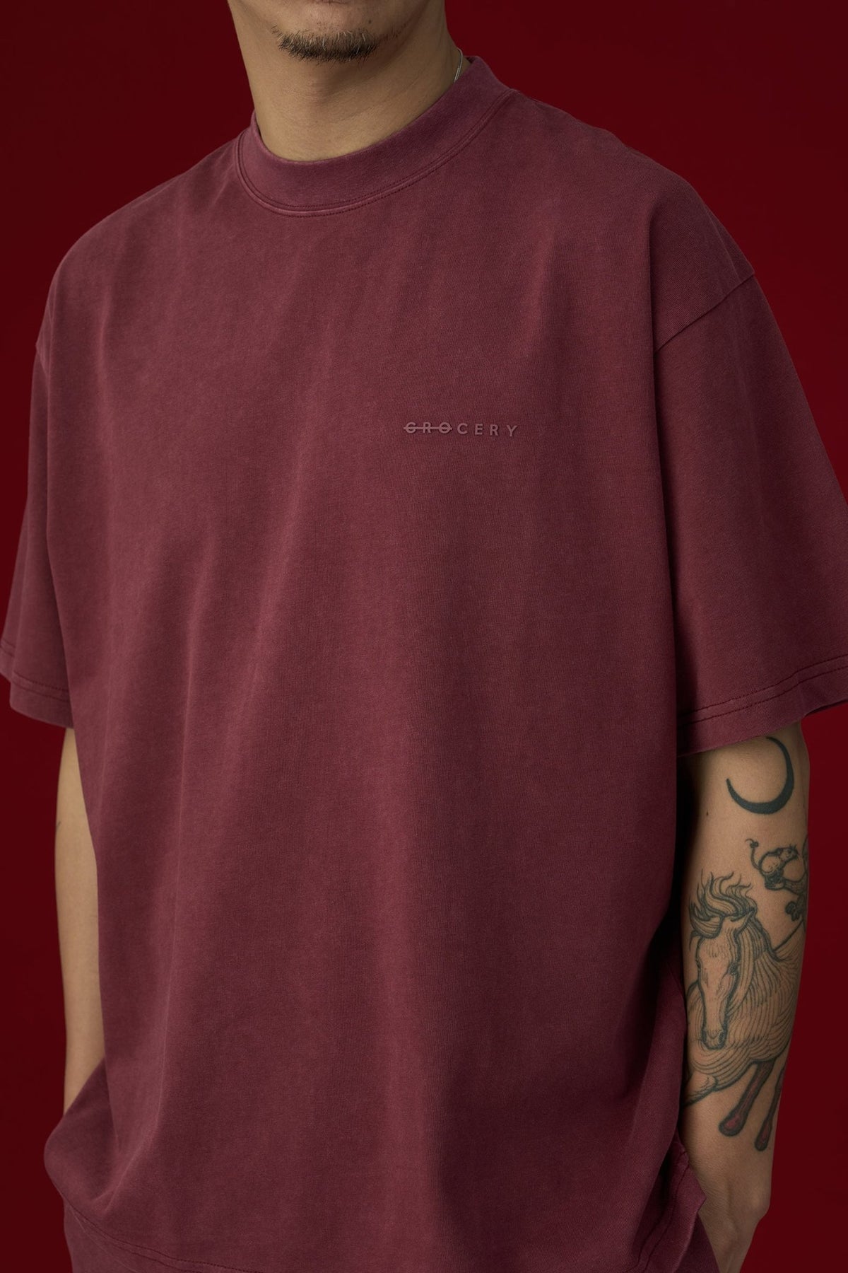 GROCERY BASIC WASHED BOXY TEE/ BURGUNDY - GROGROCERY