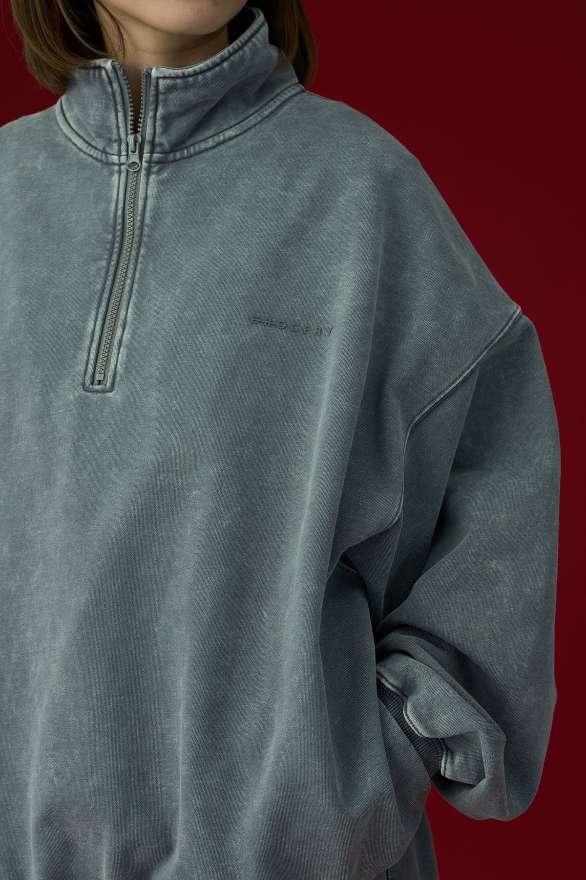 GROCERY BASIC WASHED HALF ZIP SWEATER/ GREY - GROGROCERY