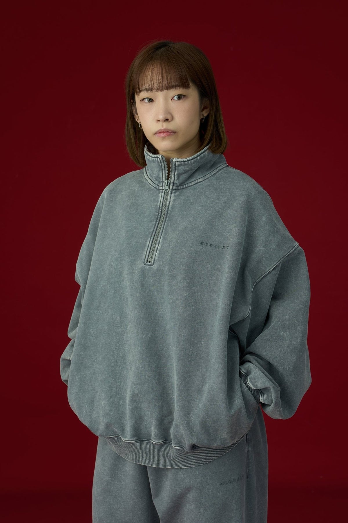 GROCERY BASIC WASHED HALF ZIP SWEATER/ GREY - GROGROCERY