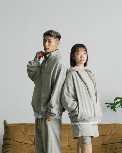 GROCERY BASIC WASHED HALF ZIP SWEATER/ GREY OLIVE - GROGROCERY