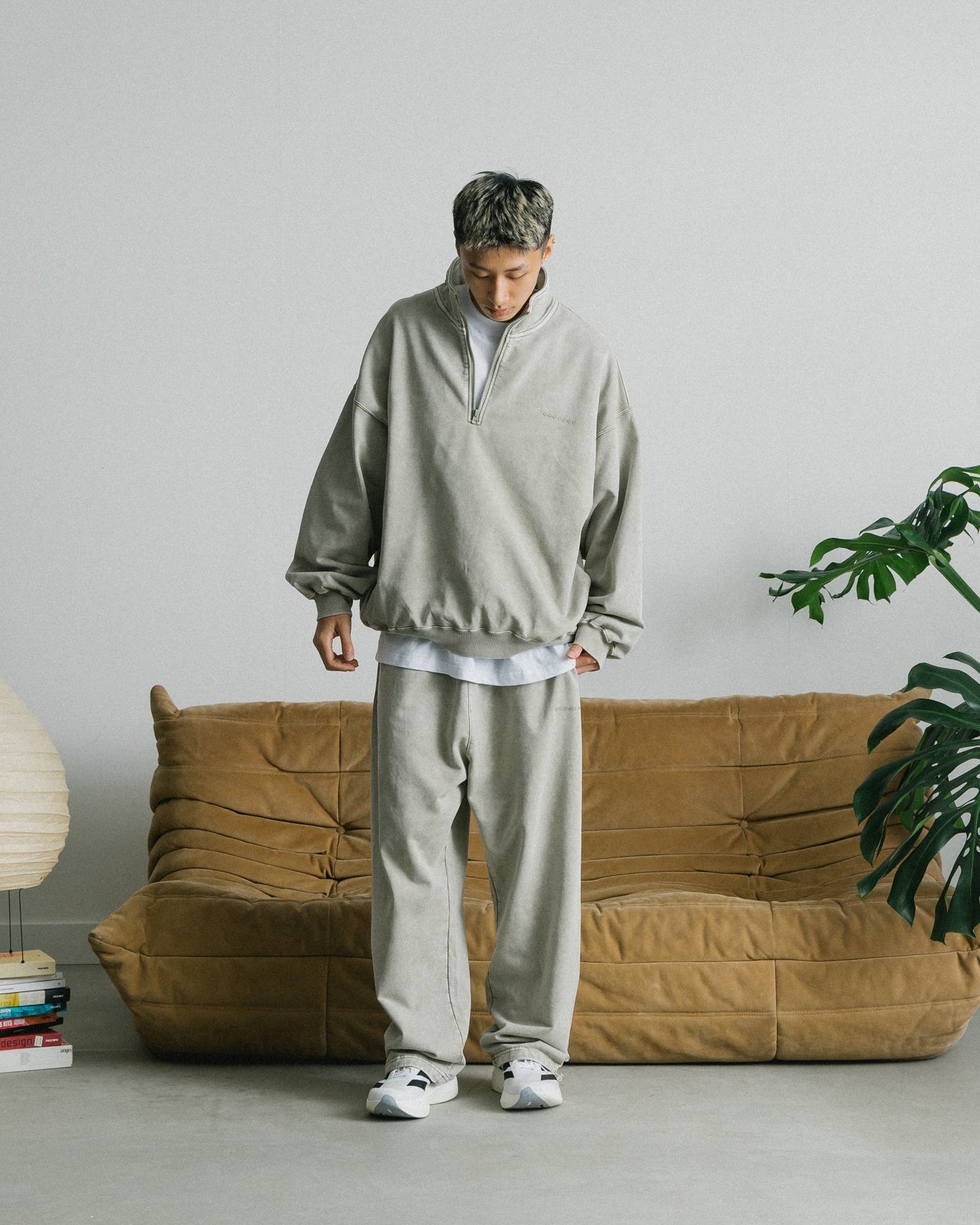 GROCERY BASIC WASHED HALF ZIP SWEATER/ GREY OLIVE - GROGROCERY