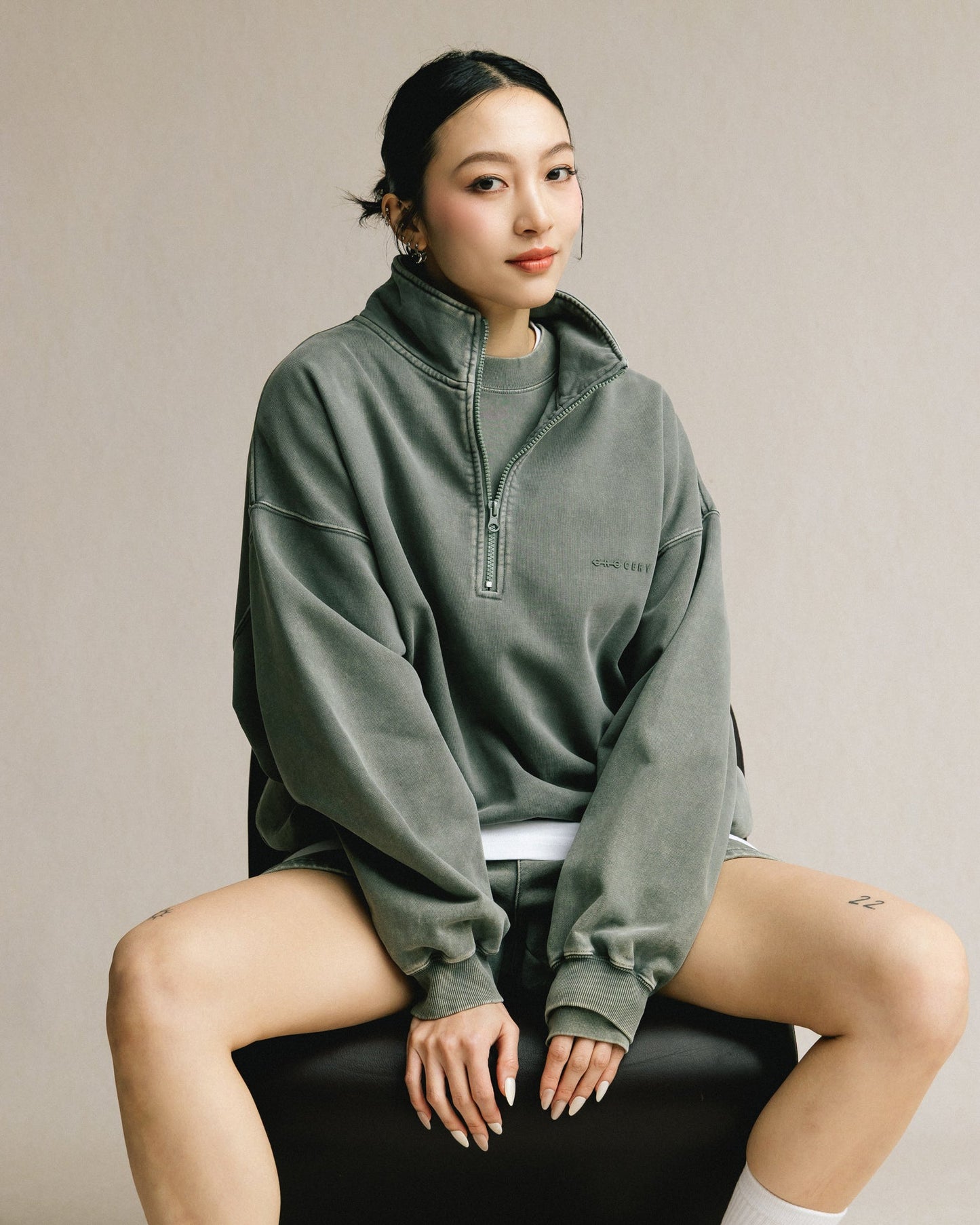 GROCERY BASIC WASHED HALF ZIP SWEATER/ HUNTER GREEN - GROGROCERY