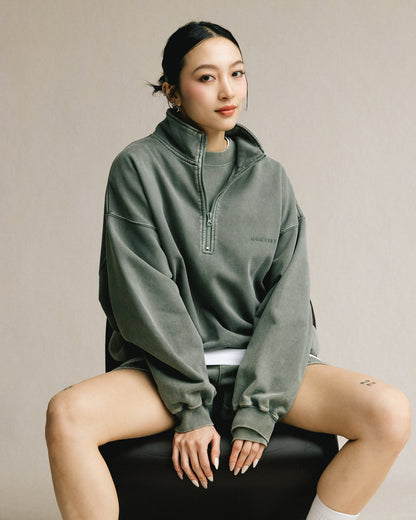 GROCERY BASIC WASHED HALF ZIP SWEATER/ HUNTER GREEN - GROGROCERY
