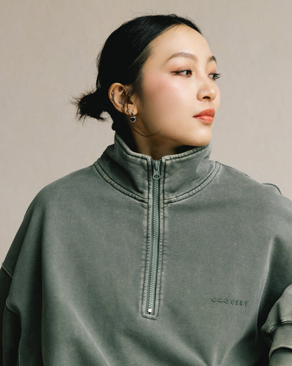 GROCERY BASIC WASHED HALF ZIP SWEATER/ HUNTER GREEN - GROGROCERY