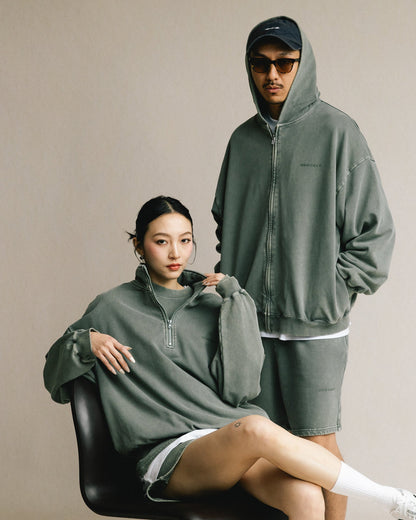 GROCERY BASIC WASHED HALF ZIP SWEATER/ HUNTER GREEN - GROGROCERY