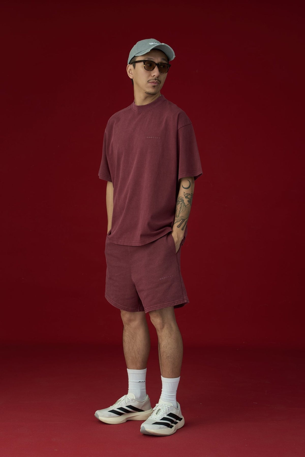 GROCERY BASIC WASHED SWEAT SHORTS/ BURGUNDY - GROGROCERY
