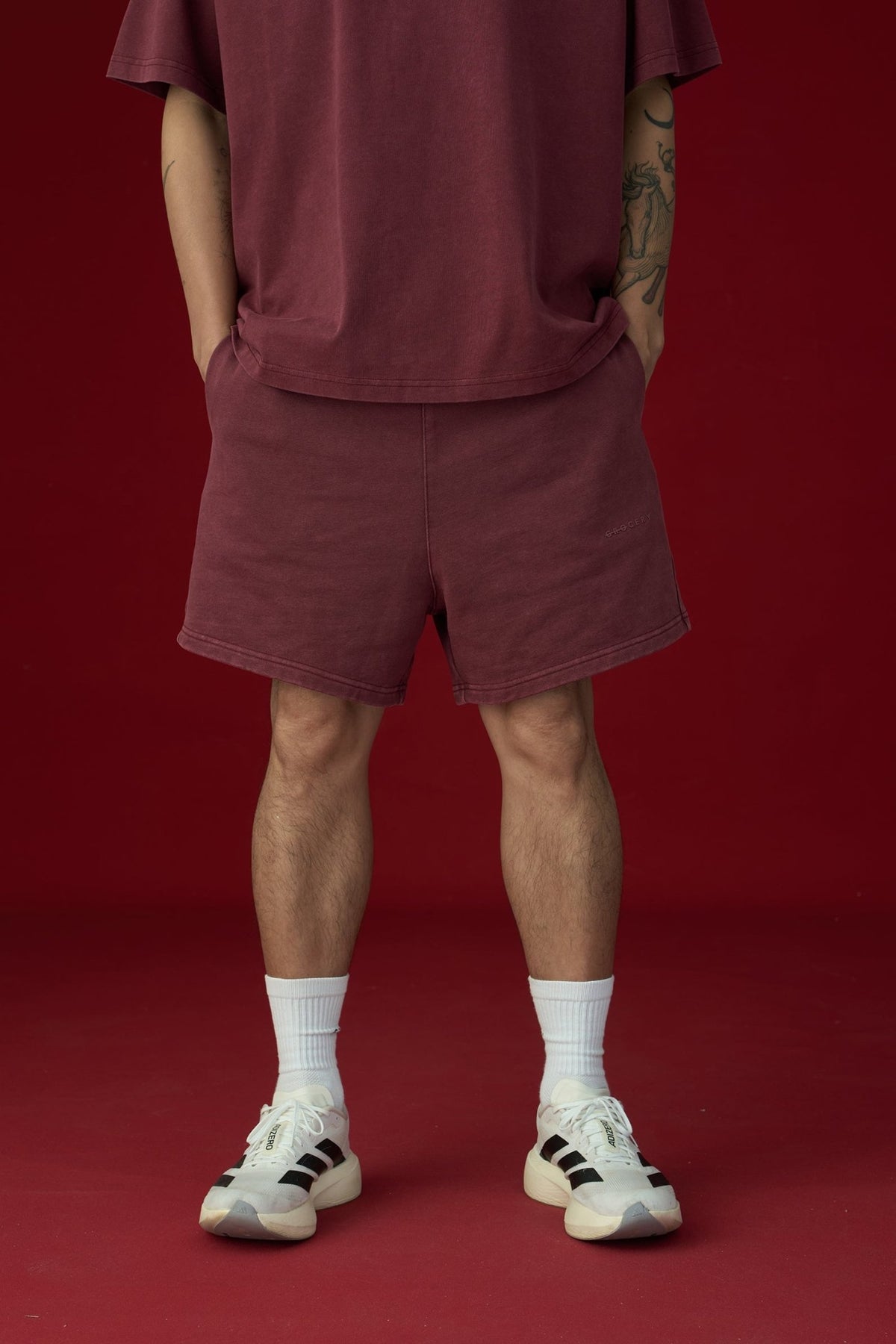 GROCERY BASIC WASHED SWEAT SHORTS/ BURGUNDY - GROGROCERY