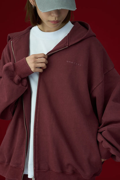 GROCERY BASIC WASHED ZIP UP HOODIE/ BURGUNDY - GROGROCERY