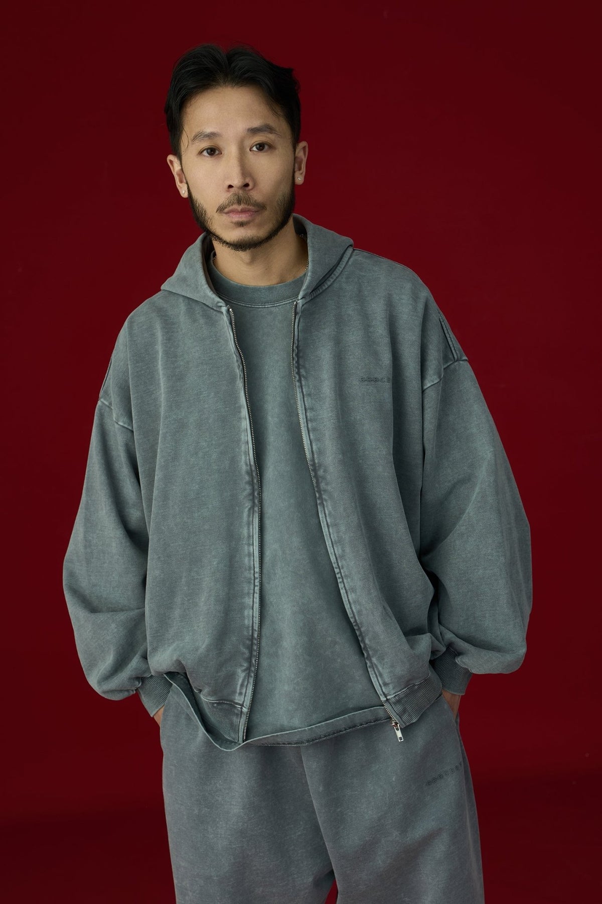 GROCERY BASIC WASHED ZIP UP HOODIE/ GREY - GROGROCERY