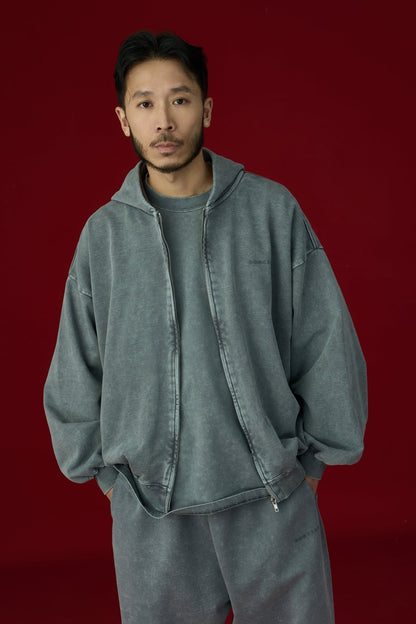 GROCERY BASIC WASHED ZIP UP HOODIE/ GREY - GROGROCERY