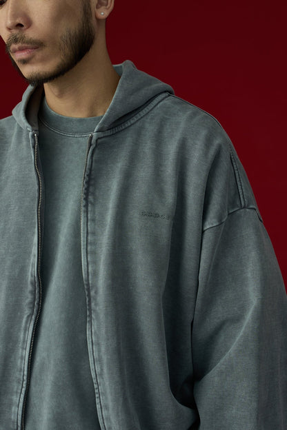 GROCERY BASIC WASHED ZIP UP HOODIE/ GREY - GROGROCERY