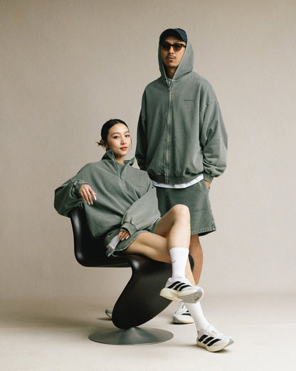 GROCERY BASIC WASHED ZIP UP HOODIE/ HUNTER GREEN - GROGROCERY