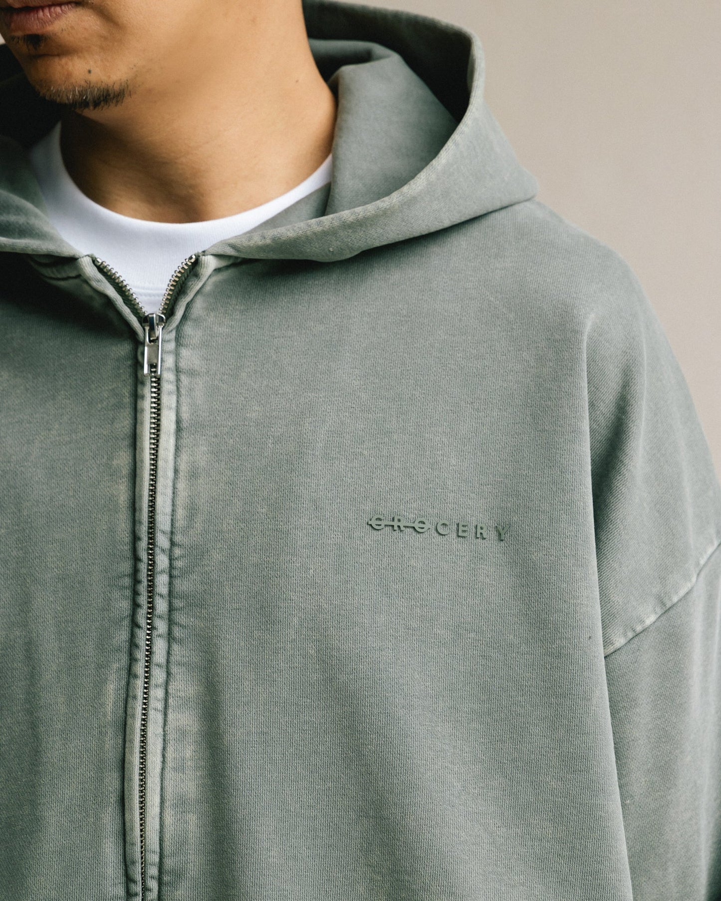 GROCERY BASIC WASHED ZIP UP HOODIE/ HUNTER GREEN - GROGROCERY