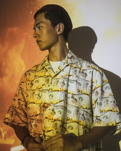 GROCERY BURNING DOLLAR PRINTED SHORT SLEEVE SHIRT/ LIGHT YELLOW - GROGROCERY