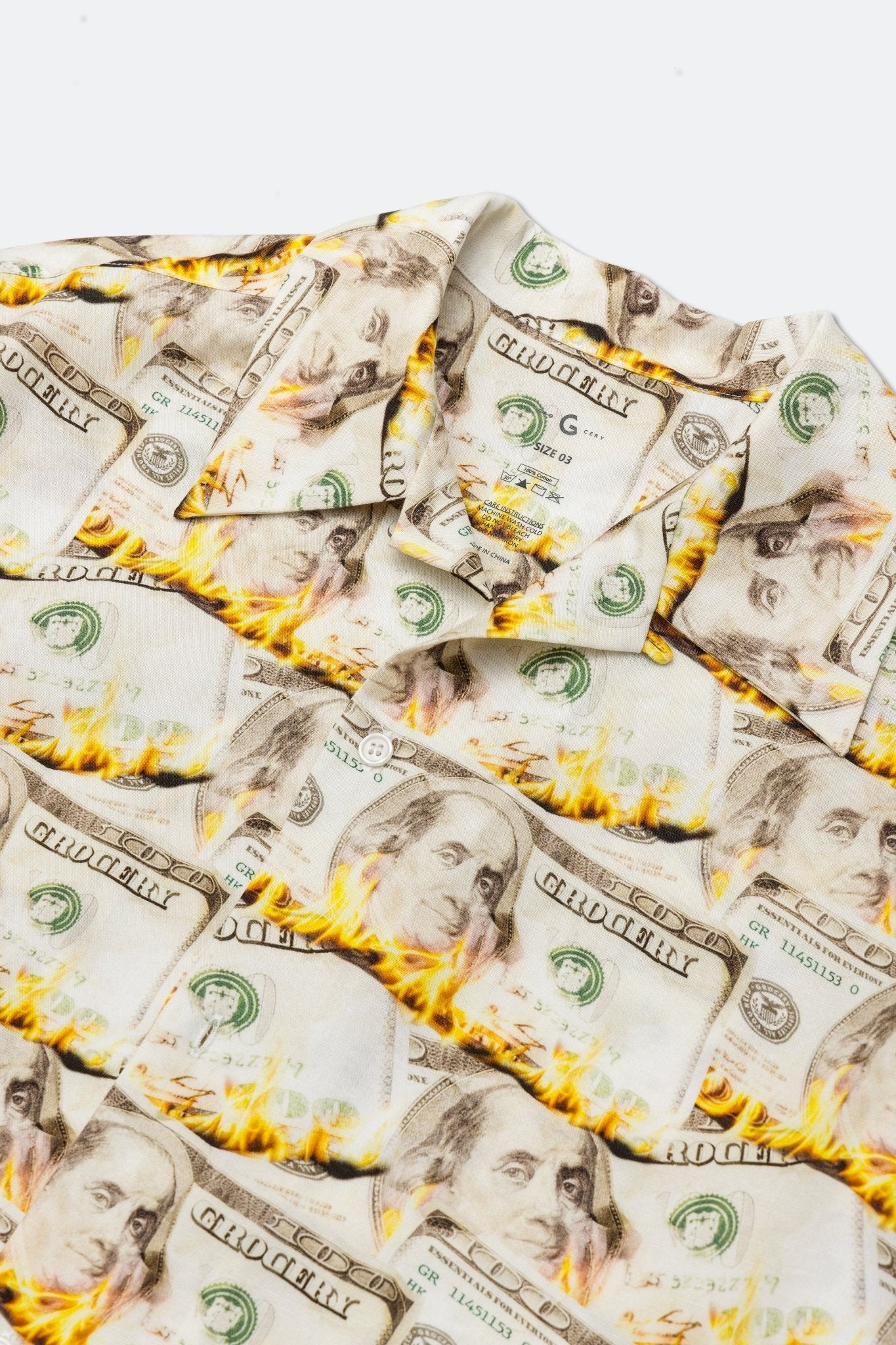 GROCERY BURNING DOLLAR PRINTED SHORT SLEEVE SHIRT/ LIGHT YELLOW - GROGROCERY