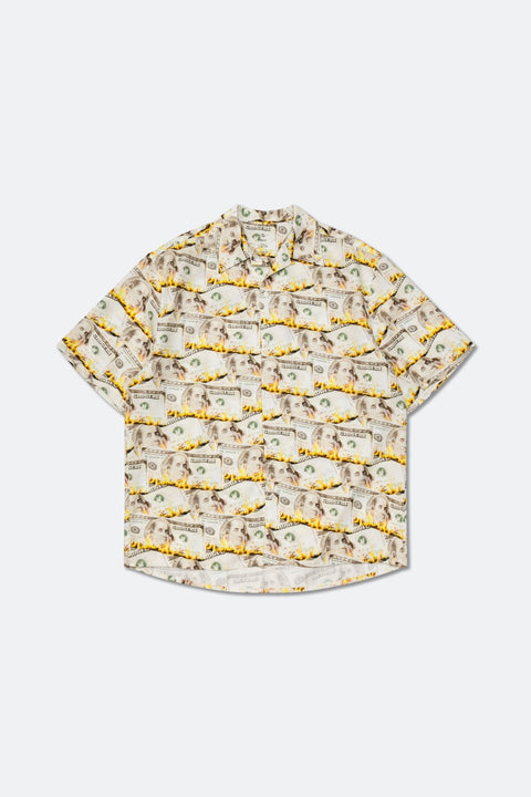 GROCERY BURNING DOLLAR PRINTED SHORT SLEEVE SHIRT/ LIGHT YELLOW - GROGROCERY